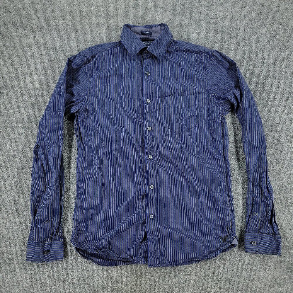 American Eagle Button Shirt Men XS Blue Striped Logo Long Sleeve Pocket Slim Fit
